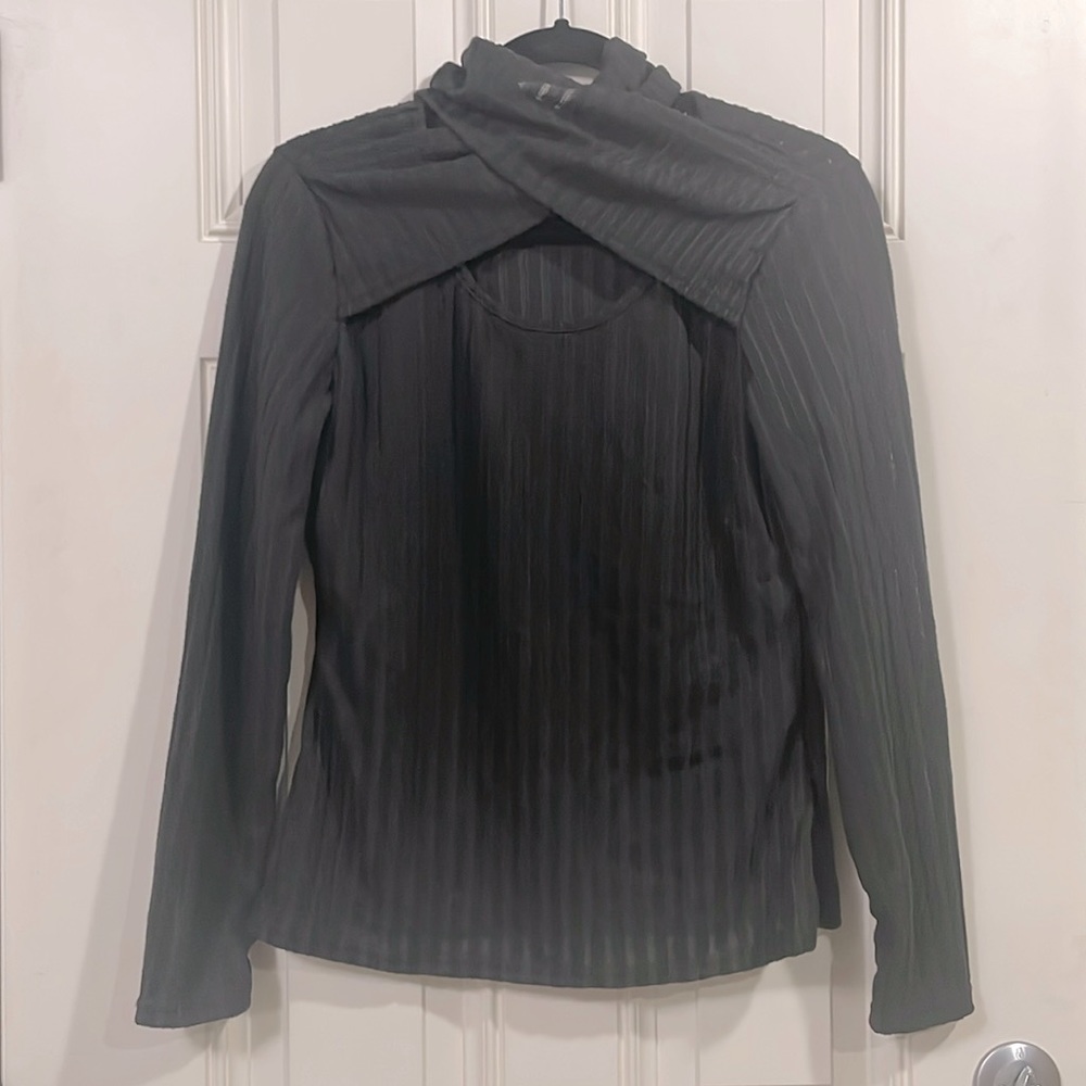 Wrap neck long sleeve top. See-thru shadow stripes. Size L, but fits like an M.